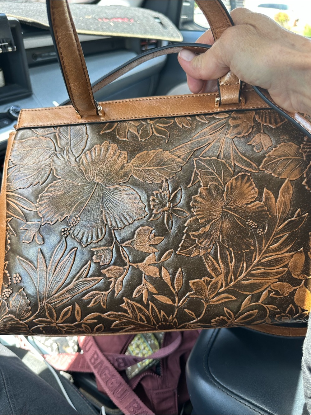 Hand-Tooled Floral Leather Satchel in Brown